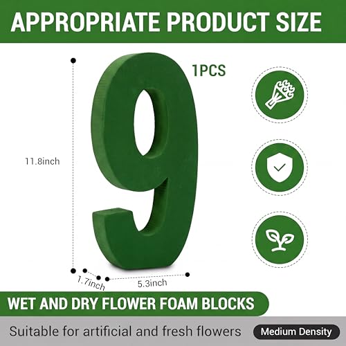 Leinuosen 12 Inch Dry and Wet Floral Foam Numbers Blocks Green Foam Blocks for Fresh and Artificial Flowers for Weddings Birthday Flower Arrangement Craft Project Garden Decoration(Number 9) - style: Number 9