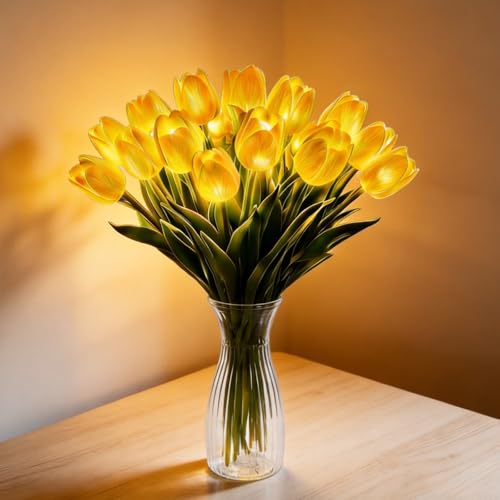 15pcs LED Lighted Artificial Flowers Tulip Lamp with Vase Real Touch Tulips Faux Flower Lights for Valentines Day Gift Easter Home Kitchen Wedding Dining Table Decor (Yellow) - color: 15pcs Yellow