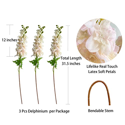 YalzoneMet Light Pink Artificial Delphinium Latex Flower 3 Pcs 31.5 inches Long Stem Fake Larkspur Lifelike Real Touch for Tall Vase Home Table Decor Wedding Arrangement Decoration (X070) - color: Pink