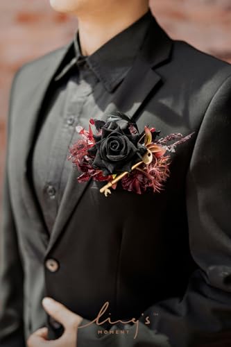 Ling's moment Pocket Boutonniere Single, Boutonniere for Men Groom for Wedding, Prom, Homecoming, Anniversary, Graduation, etc.Black Gothic Burgundy, 6" W x 5" H - color: Blk-black & Gothic Burgundy, size: 6" W x 5" H
