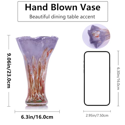 9.0" H Red Glass Vases for Flowers, Hand Blow Glass Vase Red Home Decor, Wide Mouth Blue Flower Vase Centerpieces, for Bookshelf,Dinner Table,Indoor Office Desktop,Meeting Room,Bathroom,Countertop - color: Pink Purple