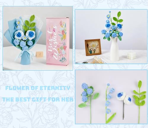 Crochet Flower Bouquet, Handmade Crochet Flowers Knitted Tulips Rose Bouquet Gift, Valentines Birthday Anniversary Knitted Flowers Gifts for Girlfriend Mother Wife Women (Blue) - color: Z-blue