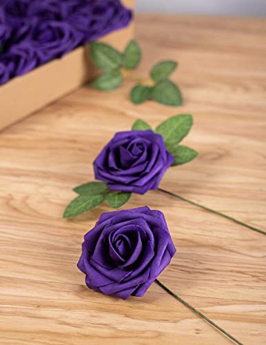 25pcs Artificial Flower Foam Rose Real Touch Roses Flower Heads with Stem for DIY Wedding Bouquets Centerpieces Arrangements Party Baby Shower Home Decor (Purple) - color: Purple