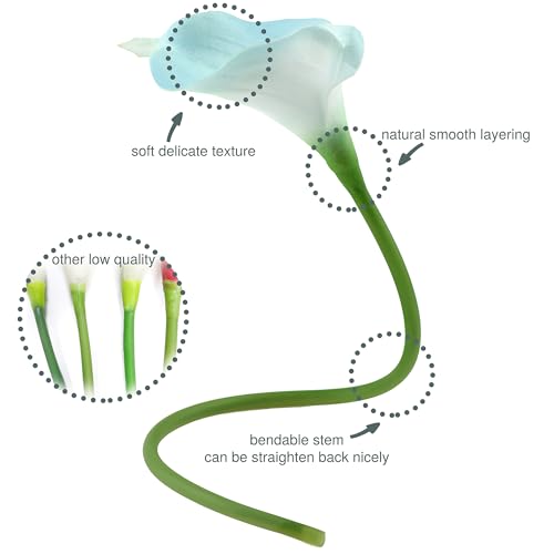 FiveSeasonStuff Posh Blue Mix Real Touch Calla Lilies, 15 Artificial PU Flower Stems with Bendable Green Stems, Faux Calla Lily Bouquet for Vase Arrangements - color: Posh Blue Mix