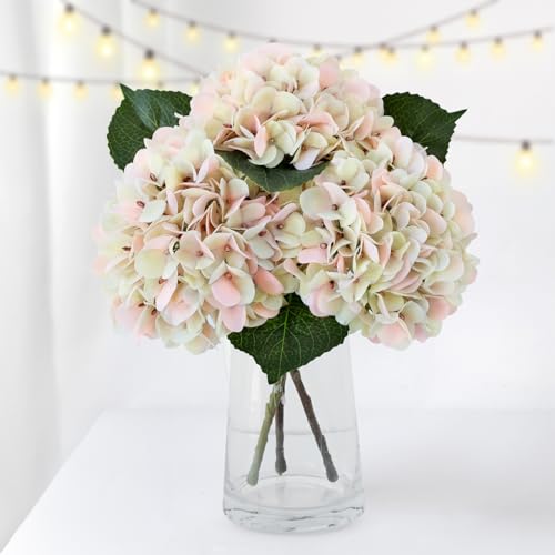 ZYTUYO 3PCS Champagne Pink Hydrangea Artificial Flowers 20" Large Fake Latex Real Touch Hydrangeas Flowers with Stems Faux Silk Bouquet for Indoor Home Decor Table Wedding Party Floral Outdoor - color: Champagne Pink