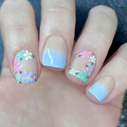 Flower Press on Nails Short Square Fake Nails Nude Blue False Nails with Colorful Floral Designs Full Cover Stick on Nails Glue on Nails Summer Nails Acrylic Nails for Women Girls 24 Pcs - color: Flower Square41