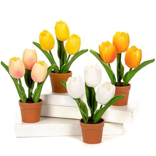 Artificial Tulip Arrangement with Terracotta-Like Plastic Pot 8 Inch Small Tulip Centerpieces Fake Potted Tulip for Valentine's Day Table Centerpiece Wedding Home Decor - color: 4 Set Tulips in Pot