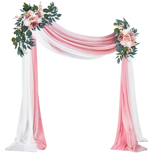 Thiccywoov 4 Pcs Wedding Arch Flowers and Drape Kit Include 2 Artificial Floral Swag and 2 Chiffon Drapes, Faux Flower Set for DIY Wedding Party Reception Ceremony Backdrop Rose Decoration (Pink) - color: Pink