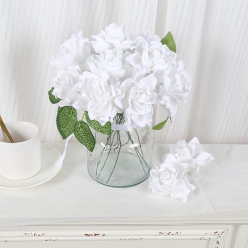 IPOPU 25PCS Gardenia Flowers Artificial 3.15’’ Foam Fake Rose Heads White Faux Gardenia Flowers with Stems for Wedding Bouquet Bridal Shower Party Home Floral Arrangements(White) - color: White
