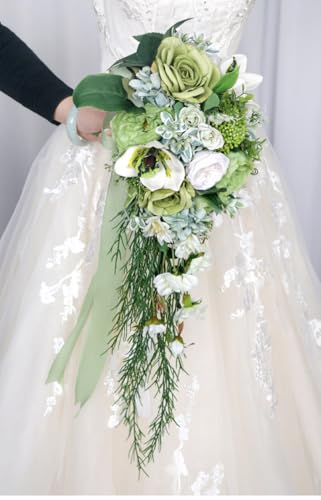 9.1 Inch Cascading Bridal Bouquet Waterfall Cascade Wedding Bouquet Bride with Artificial Rose Peony Flower Rustic Boho Wedding Ceremony Bouquet Sage Green - color: Sage Green