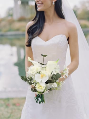 Rinlong 9.8" Wedding Bouquet, White Green Silk Posy Bridal Bouquet | Prom, Homecoming, Wedding, Destination Friendly - color: 34-white Orchid