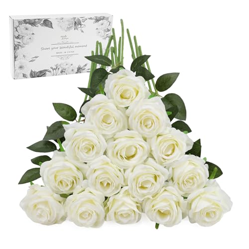 White Fake Roses Artificial Flowers - 16 Pcs Fake Artificial Roses Silk Flowers with Stems for Home Wedding Hotel Office Centerpiece Decor - color: White, size: 16 Pcs