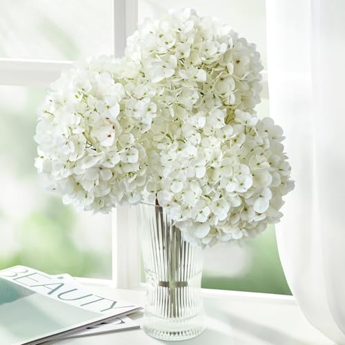 ZYTUYO 3PCS White Hydrangea Artificial Flowers 25.6" Large Fake Hydrangeas Flowers with Stems Faux Silk Bouquet for Indoor Home Decor Table Wedding Party Floral Outdoor Centerpieces - color: White