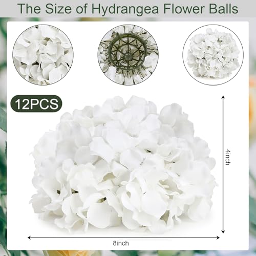 Hydrangea Flower Balls for Centerpieces - 12 PCS Artificial Floral Arrangement with Base, 8.27 Inch Diameter Fake Silk Kissing Ball for Wedding Table Home Party Decor - White - color: White-8 Inch-12 Pcs, size: Small Size