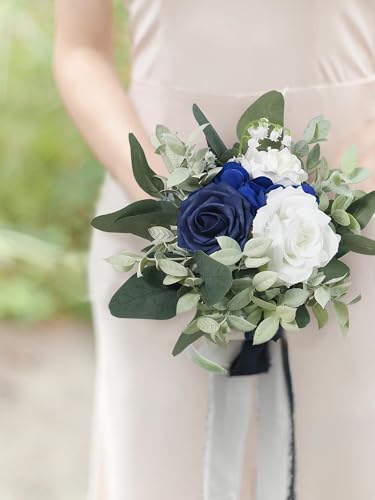 Rinlong Navy Blue Bridesmaid Bouquet for Wedding, Prom, Homecoming | Silk Bridal Bouquet, Destination Friendly - color: 21-blue & Sage