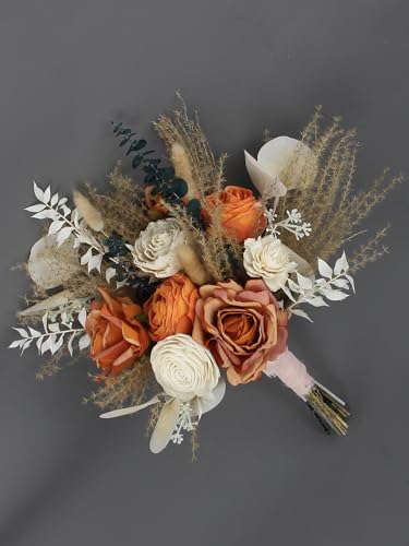 Rinlong 1Pc Fall Wedding Bouquet for Bridesmaids Burnt Orange Dried Flower Bridesmaid Boho Terracotta Bouquet Wedding - color: 04-beige & Terracotta