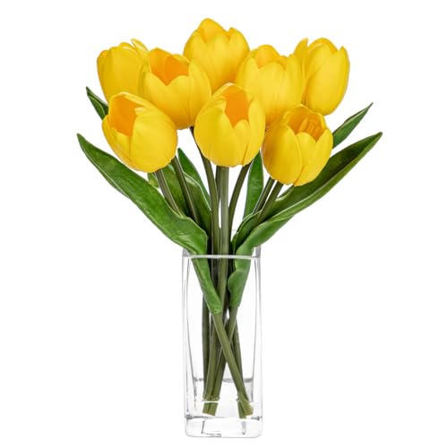 Briful Fake Flowers Artificial Tulip Flower in Clear Vase, Yellow Real Touch Foam Tulip Arrangement Suitable for Home Office Decoration, Dining Table Centerpiece - color: Yellow
