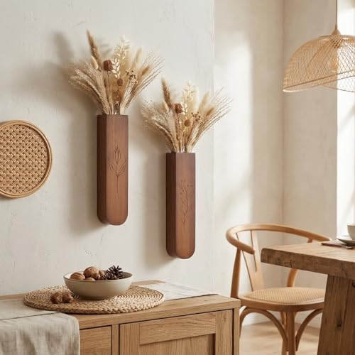 Wood Wall Vase Set of 2, 11.6 x 2.52 x 1.37 inch for Dried Flowers and Faux Greenery Plants for Bathroom,Kitchen,Farmhouse,Dining Room Wall Decor （Brown - color: Brown