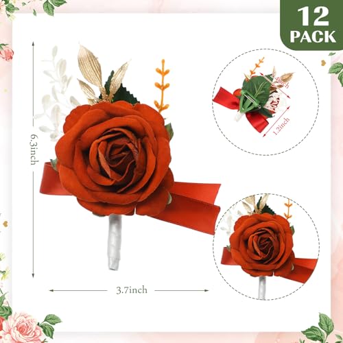 Sherr 12 Pcs Rose Boutonniere for Men Wedding Corsage Rose Groom and Groomsmen Boutonniere with Artificial Flower for Rustic Vintage Wedding Ceremony Anniversary Dinner Prom Party (Caramel Orange) - color: Caramel Orange