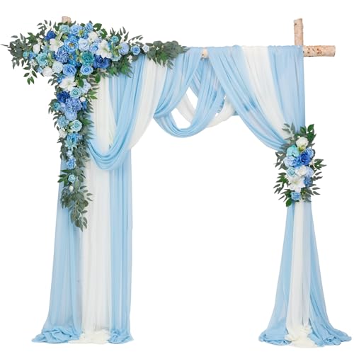 TINGE TIME Wedding Arch Flowers Kit - Deluxe 5pcs Artificial Floral Swag with 3 Sheer Drapes, Realistic Silk Flower Arrangements for Wedding Ceremony Arbor Backdrop Reception Party Home Decor - color: Provenceblue