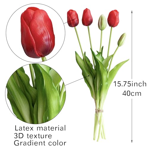DUYONE 15pcs Artificial Tulips Flowers, Soft Touch Latex Bouquet, Fake Tulips for Office Wedding Party Home Kitchen Garden Decoration - color: 15pcs Red (No Vase)