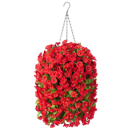 Ammyoo Artificial Faux Hanging Flowers Basket for Spring Summer Outdoor Outside Porch Decoration, Fake Silk Colorful Morning Glory Eucalyptus UV Resistant Look Real for Home Patio Balcony Yard(Red) - color: Red