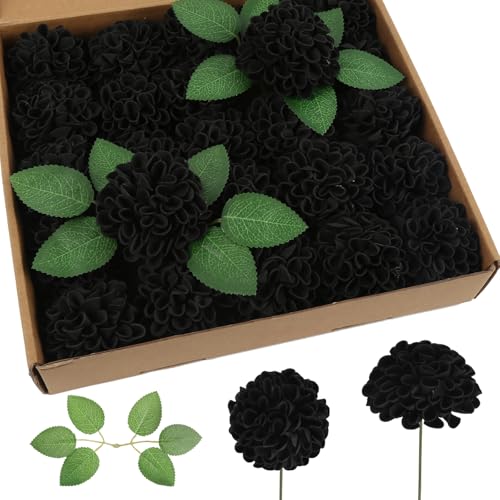 Dahlia Artificial Flowers,25Pcs Faux Black Dahlias Heads Real Looking Foam Flowers with Stem for Halloween Wedding Bridal Shower Party Home Decorations (Black) - color: Black