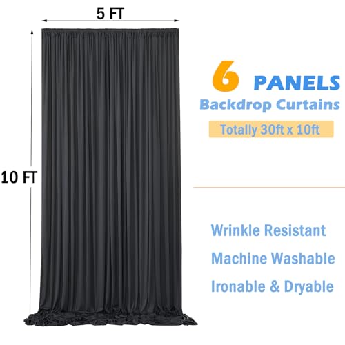 30ftx10ft Wrinkle Free Black Backdrop Curtain for Parties, 6 Panels 5x10ft Silky Polyester Photo Backdrop Drapes Back Drop Cloth Drapery for Wedding Birthday Photography Background - color: Black, size: 30ftx10ft
