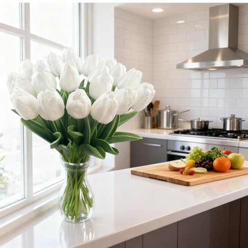 20pcs–13.5 Inch White Tulips Artificial Flowers Mother's Day Easter Valentine’S Day Gifts in Home Kitchen Wedding Dining Table Decorations Faux Flowers