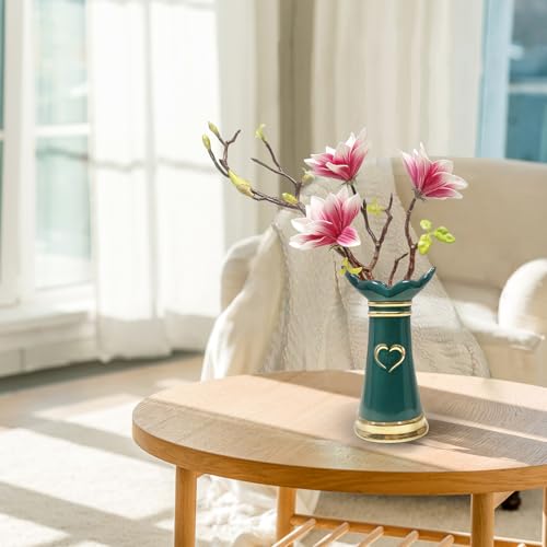 LoveLin Artificial Flowers Pink with Ceramic Vase - Ready-to-Display Home Decor Indoor for Living Room, Dining Table, Office, Wedding & Housewarming, Magnolia Flower & Green Vase - color: Pink/Green