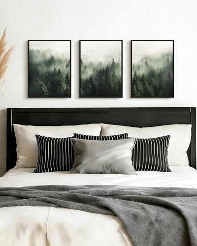 PHOPAGO Green Fog Pine Tree Framed Wall Art Nature Misty Nordic Forests Artwork Morden Paints for Kitchen Hallway Decor - 11x14in Black Framed - color: Green Pine Forest, size: 14L" x 11W" x 3 Pcs Black