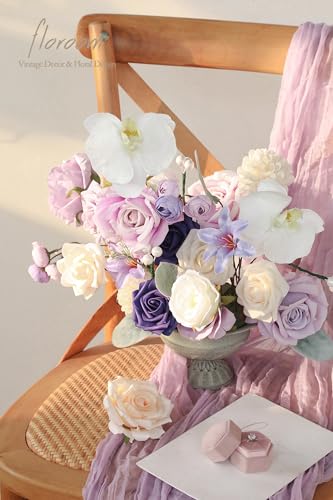 Floroom Lilac Lavender Purple Cream Artificial Flowers Fake Roses Dahlias and Greenery Combo Box Set for DIY Wedding Bouquets Bridal Shower Centerpieces Floral Arrangements Party Tables Decorations - color: Celestial Dream Lavender