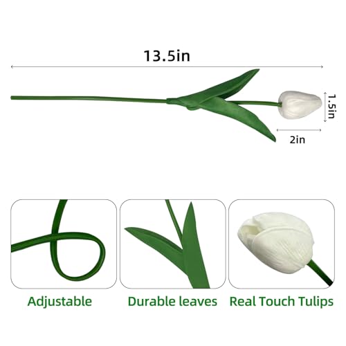 20 Pcs Tulips Artificial Flowers, 13.5'' Real Touch PU Fake Flowers Bouquet for Home Party, Spring Wedding Floral Arrangement, Valentine's, Easter and Mother's Day Decor (White) - color: White