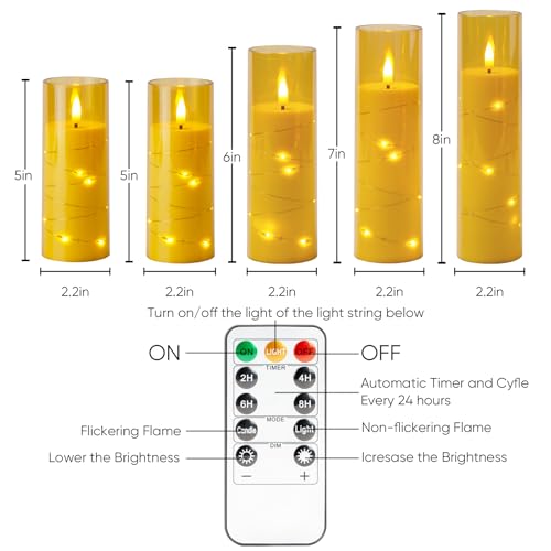 Homemory Flameless LED Candle with Embedded Star String Lights, Fake Candles with Remote Control & Timer, Battery Operated Candles, Amber, Set of 5 - color: Gold-5pcs, size: 5pcs, D2.2"x H5"5"6"7"8"