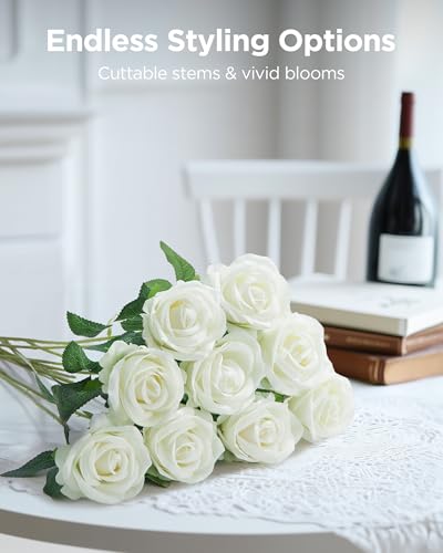 InnoGear 50 Pcs White Roses Artificial Flowers, Fake Velvet Silk Rose Bulk Faux Flower for Mother's Gift Decoration DIY Wedding Centerpieces Proposal Bridal Bouquets Party Floral Decor (50, White) - color: White