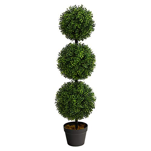 Nearly Natural 36in Artificial Triple Ball Boxwood Topiary Tree - Indoor Outdoor Realistic Faux Greenery for Home Patio Office Decor, Low Maintenance - size: 3ft