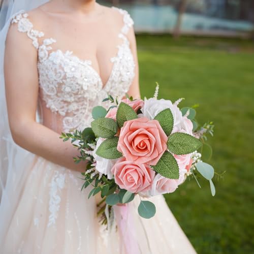 AmyHomie 25pcs Real Looking Artificial Shades of Blush Roses w/Stem for DIY Wedding Bouquets Centerpieces Arrangements Party Baby Shower Valentines Day Christmas Tree Decorations - color: Shades of Blush