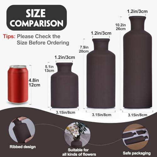 Brown Ceramic Vases Set - 3 Brown Small Vase, Farmhouse Country Vases Home Decor, Living Room Decoration, Table Decoration, Fireplace Decor, and Entrance Decorations Centerpieces - color: Dark Brown