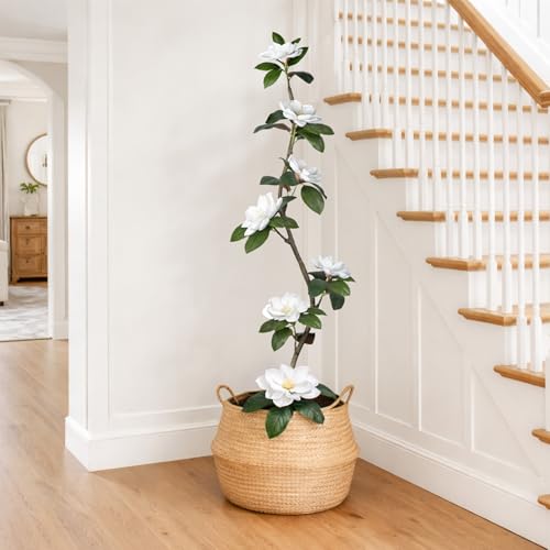 Rubber Tree 4.6 FT Artificial Magnolia Tree in Planter Pot, Faux Plants Indoor Faux Floor Plant Artificial Plants with 7 Pcs Calla Lily Flowers for Home Office Living Room Decor Indoor - color: Rubber Tree White
