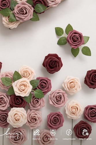 Ling's moment Artificial Flowers, 25Pcs 3" Roses in Burgundy Mauve Shades, Realistic DIY Foam Floral Fill for Wedding Bouquets/Centerpieces, Outdoor Party Backdrops, Room/Table, and Pot Decorations - color: Shades of Burgundy & Mauve, size: 25Pcs