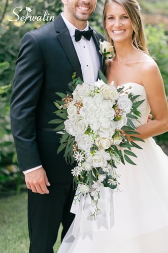 Serwalin 10 Inch Wedding Bouquets for Bride,Ivory Bridal Bouquet of Fake Flowers, Bridesmaid Bouquets for Wedding Ceremony Bridal Shower and Anniversary Day Decor - color: White and Gold
