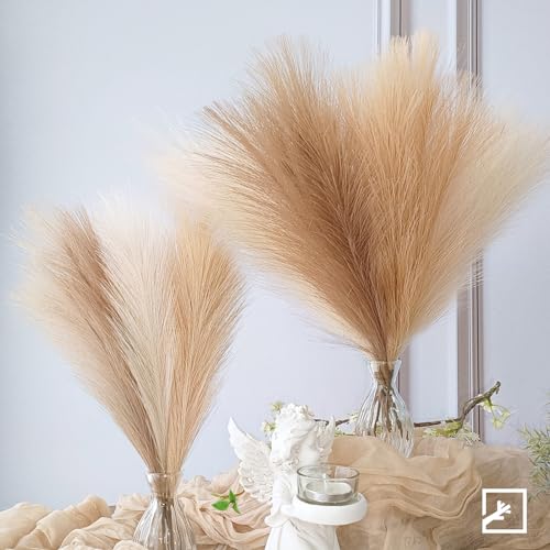ZIFTY 6-Pcs 17" Pampas Grass Faux Pompas Fluffy Artificial Fake Flower Boho Decor for Vase Filler Ins Style Modern Home Wedding Decorations (Beige Mixed) - color: Beige & Brown & Taupe, size: 17in 6pcs