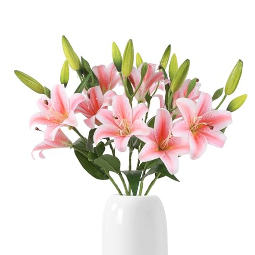 6PCS Artificial Lilies 26.7" Silk Lily Flowers with 12 Heads Fully Bloomed Lilies and 18 Buds, Long Stem Fake Lilies for Home Party Wedding Easter Decor(Pink) - color: Deep Pink