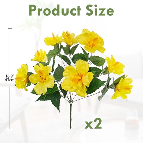 Briful 2 Bundles Artificial Hibiscus Flowers 16.9in, 9-Stem Short Faux Hibiscus Bouquet with Full Blooms, Silk Tropical Flowers for Vase, Table, Porch, Wedding, Indoor Outdoor Decor, Yellow - color: Yellow#943