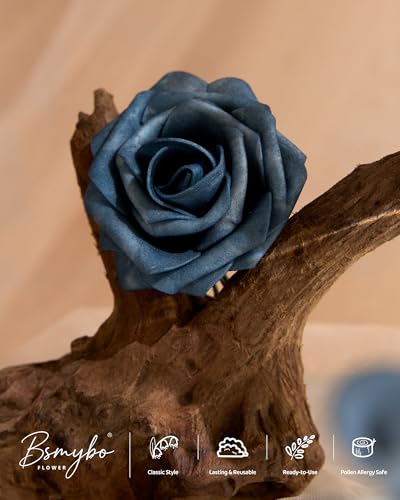BSMYBO Dusty Blue Flower Artificial Roses Faux Flowers with Stems Mix Fake Roses Dahlia Chrysanthemum Ball for Wedding Bridal Bouquets, Table Centerpieces, Baby Shower, Party, Home Decorations - color: Dusty Blue, size: PureBlooms