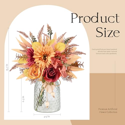 Der Rose Fall Fake Flowers in Vase Silk Artificial Flowers Arrangements with Glass Vase for Dinning Coffee Table Centerpieces Home Kitchen Farmhouse Wedding Decor (Orange) - color: Orange