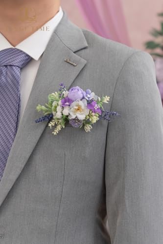 TINGE TIME Luxury Groom Boutonniere for Wedding, 1 PCS Pocket Boutonniere for Men, Artificial Corsage for Wedding, Prom, Homecoming, Anniversary, Graduation (Lavender) - color: Lavender
