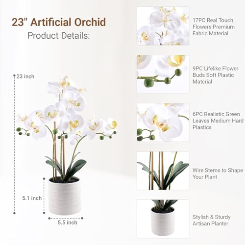 Fake Orchid Plant 23" Tall, Realistic Touch Leaves, Potted Phalaenopsis Artificial Plants Indoor for Home Decor Small Office Home Living Room-White - size: 23 Inch Phalaenopsis Orchid White