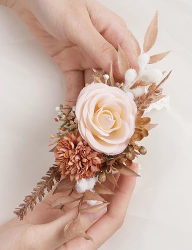 Alizeal 2Pcs of Wrist Corsage and Boutonniere Set, Artificial Flowers Accessories Suit Decor for Wedding Prom Party Homecoming Ceremony, Champagne+Orange - color: 701-champagne+orange