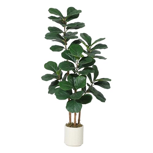5FT Artificial Fiddle Leaf Fig Tree – Potted in Decorative White Planter, Natural Large Fake Plant for Home Décor, Indoor House Plant for Living Room, Bedroom, Office - color: Green 5ft